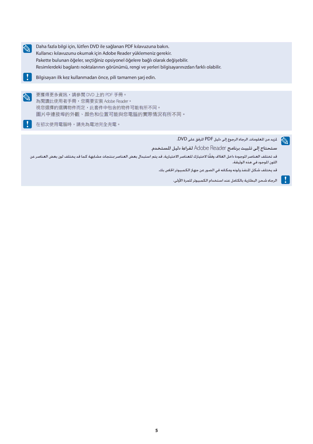 Samsung NP300E5V-A01BG manual 視您選擇的選購物件而定，此套件中包含的物件可能有所不同。, 在初次使用電腦時，請先為電池完全充電。 