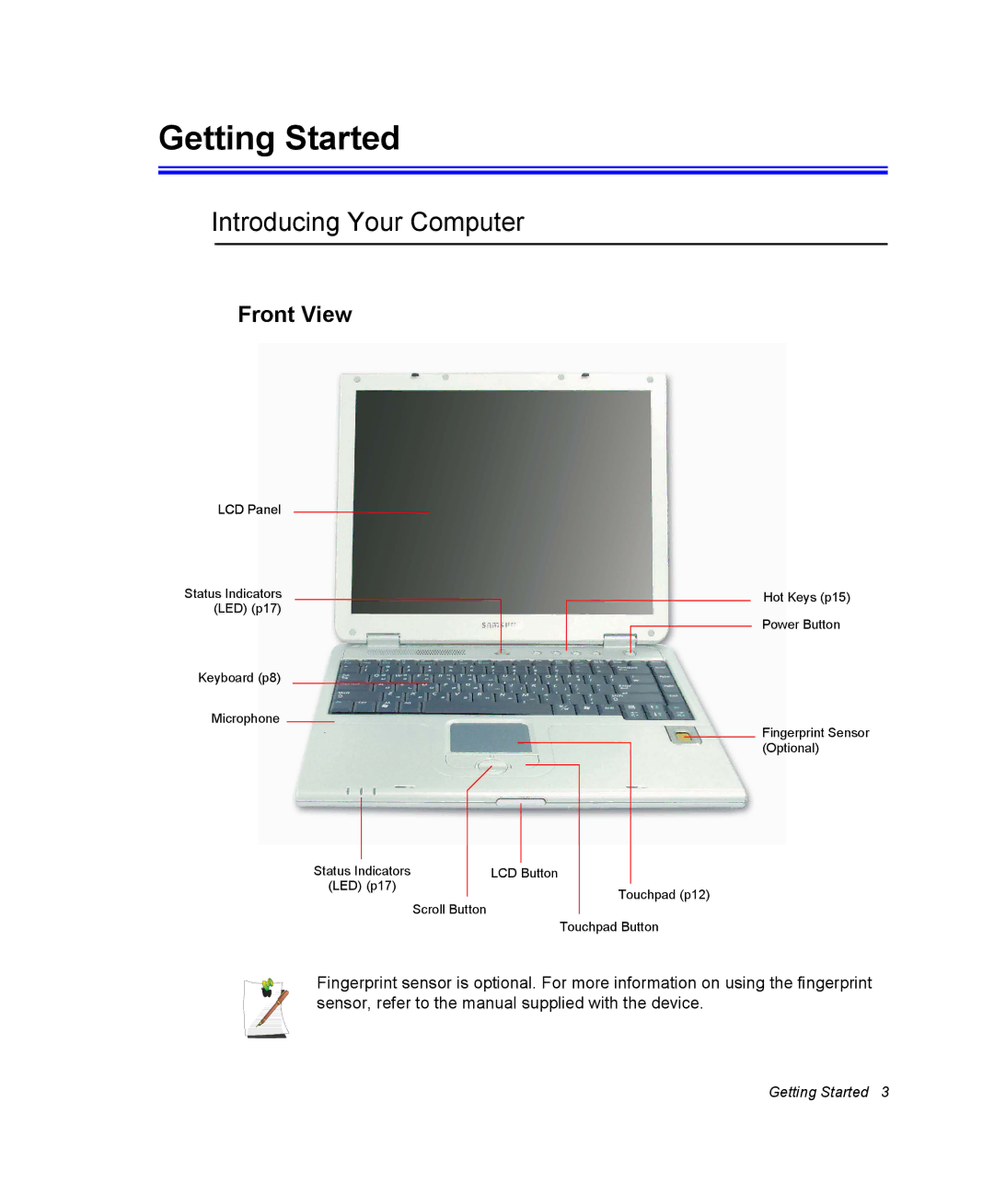 Samsung NP30RP125N/SEF, NP30RP54C2/SEG, NP30RH2GHQ/SHK manual Getting Started, Introducing Your Computer, Front View 