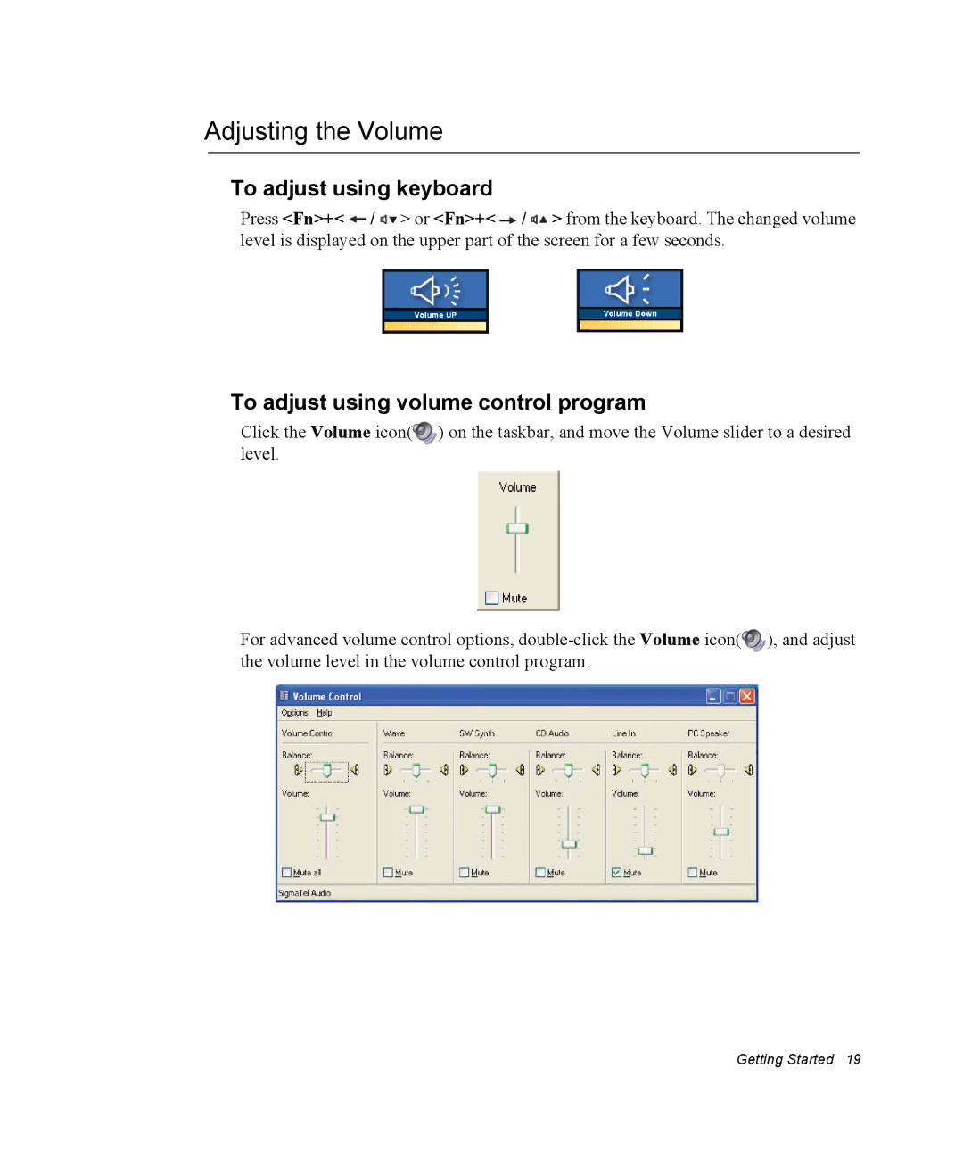 Samsung NP30BH0G98/SER manual Adjusting the Volume, To adjust using keyboard, To adjust using volume control program 