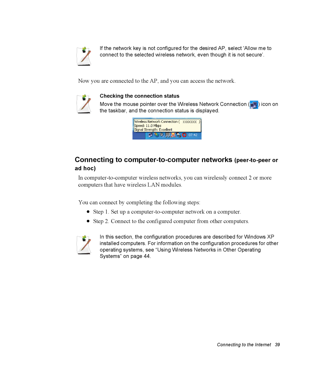 Samsung NP30THKBY6/SER manual Connecting to computer-to-computer networks peer-to-peer or, Checking the connection status 