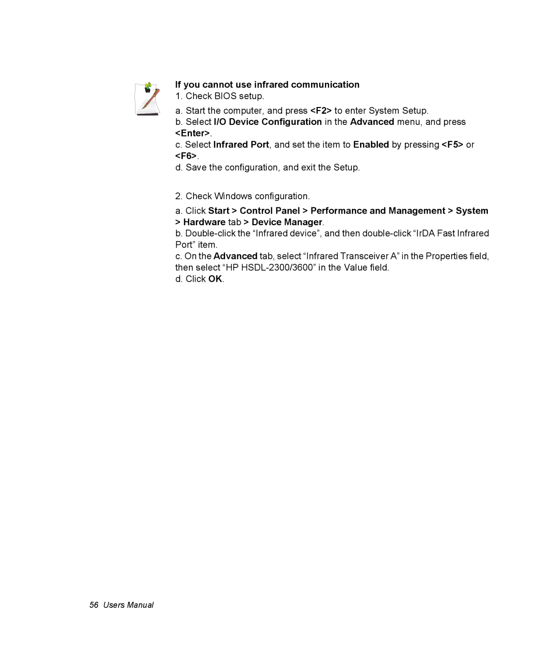 Samsung NP30TPHUV0/SEF, NP30RP54C2/SEG, NP30RH2GHQ/SHK manual If you cannot use infrared communication 1. Check Bios setup 