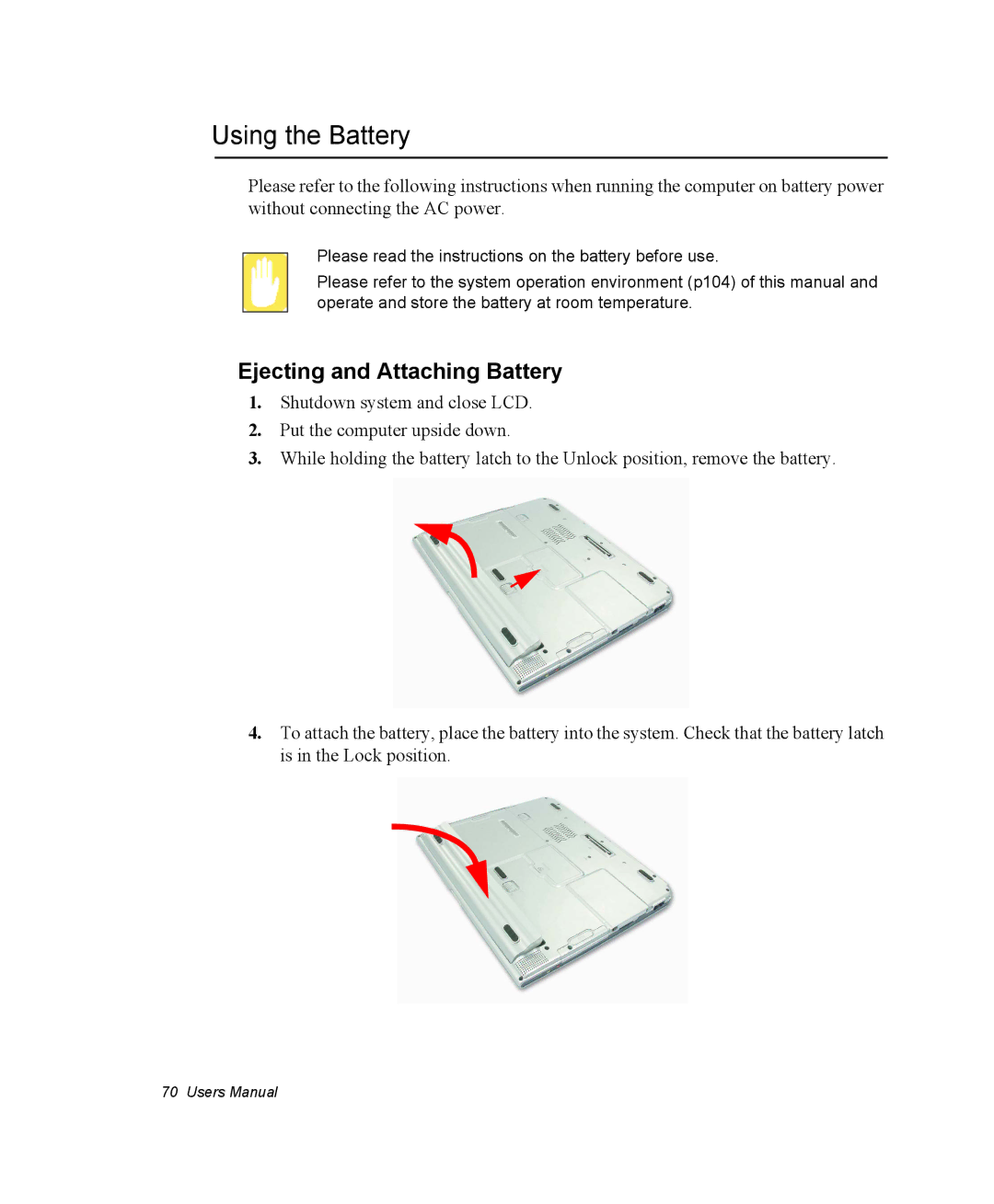 Samsung NP30RP1K4J/SES, NP30RP54C2/SEG, NP30RH2GHQ/SHK, NP30RH1850/CHN Using the Battery, Ejecting and Attaching Battery 