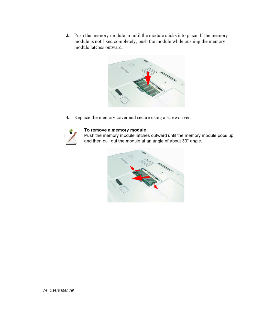 Samsung NP30RP1BDU/SES, NP30RP54C2/SEG, NP30RH2GHQ/SHK, NP30RH1850/CHN, NP30RP0EAU/SIL manual To remove a memory module 