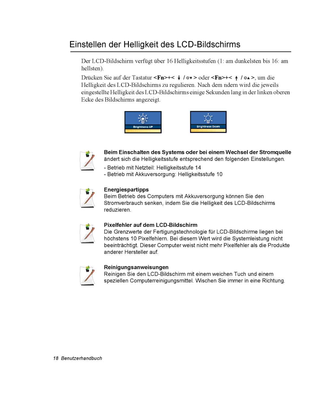 Samsung NP30RP44U2/SEG Einstellen der Helligkeit des LCD-Bildschirms, Energiespartipps, Pixelfehler auf dem LCD-Bildschirm 