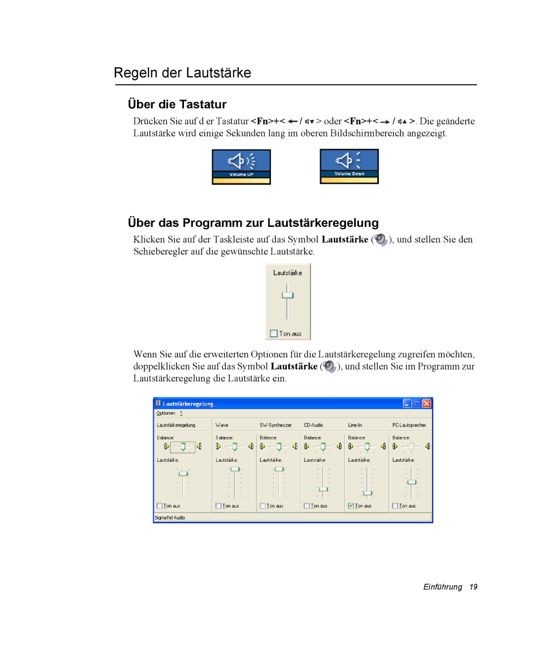 Samsung NP30RH45TY/SEG, NP30RP54C2/SEG Regeln der Lautstärke, Über die Tastatur, Über das Programm zur Lautstärkeregelung 