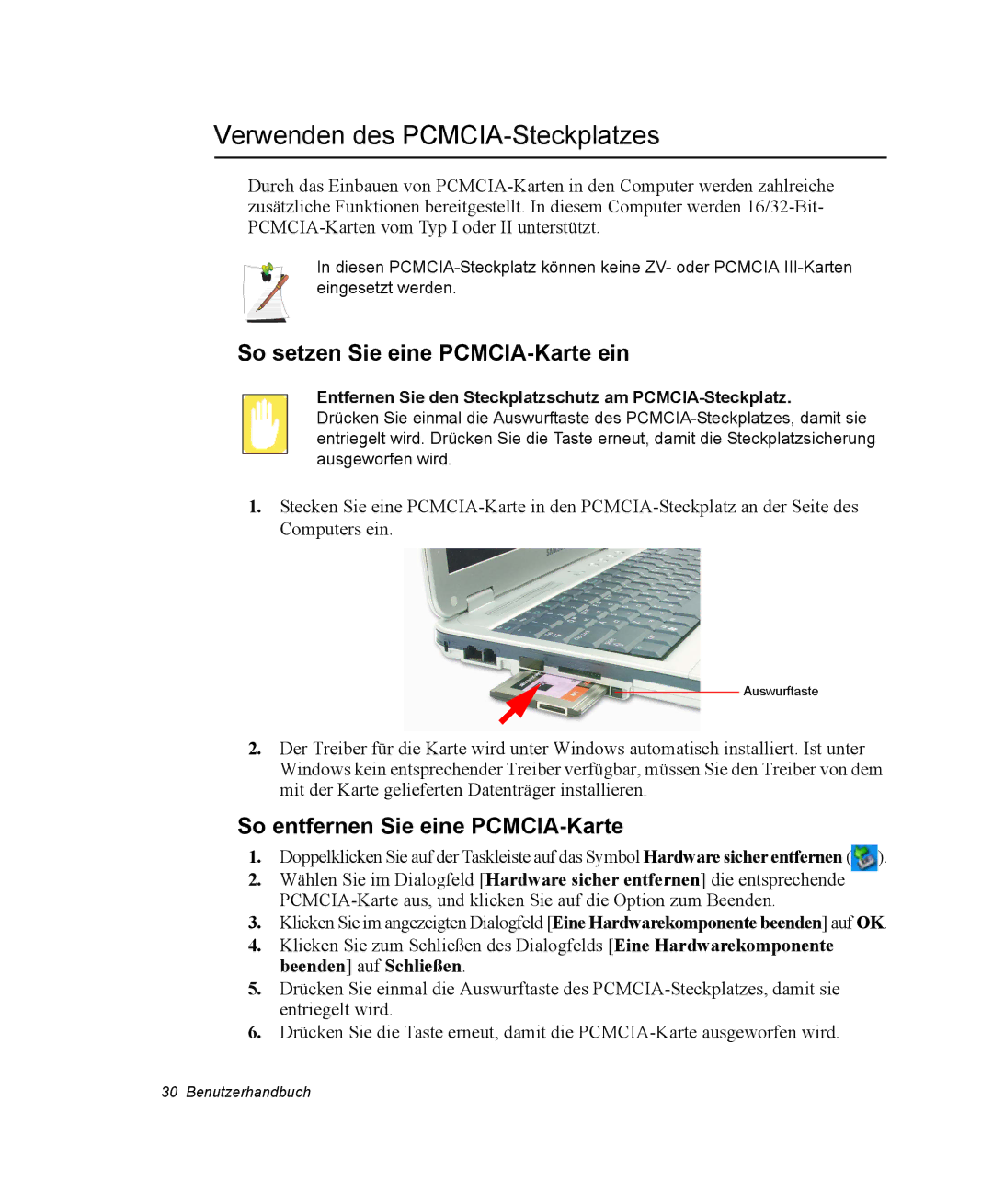 Samsung NP30RP1BDU/SEG, NP30RP54C2/SEG manual Verwenden des PCMCIA-Steckplatzes, So setzen Sie eine PCMCIA-Karte ein 