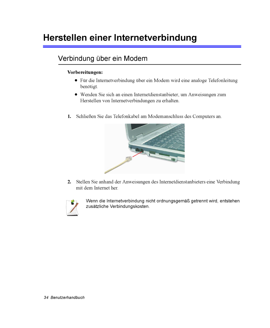 Samsung NP30RH1850/CHN, NP30RP54C2/SEG manual Herstellen einer Internetverbindung, Verbindung über ein Modem, Vorbereitungen 