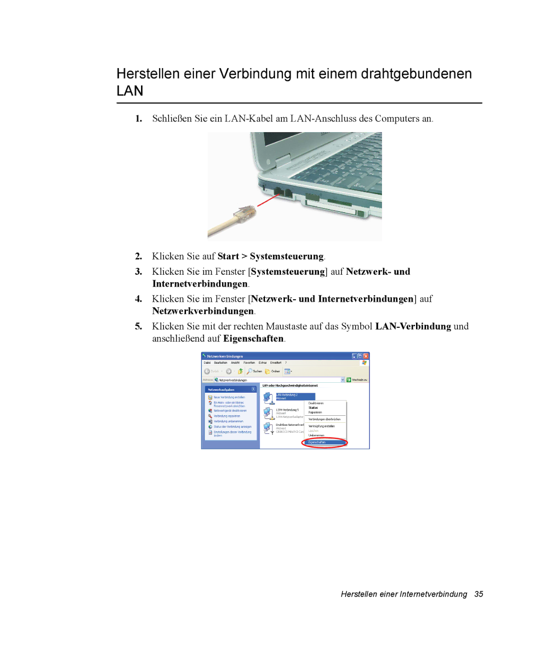 Samsung NP30RP0EAU/SIL manual Herstellen einer Verbindung mit einem drahtgebundenen, Klicken Sie auf Start Systemsteuerung 