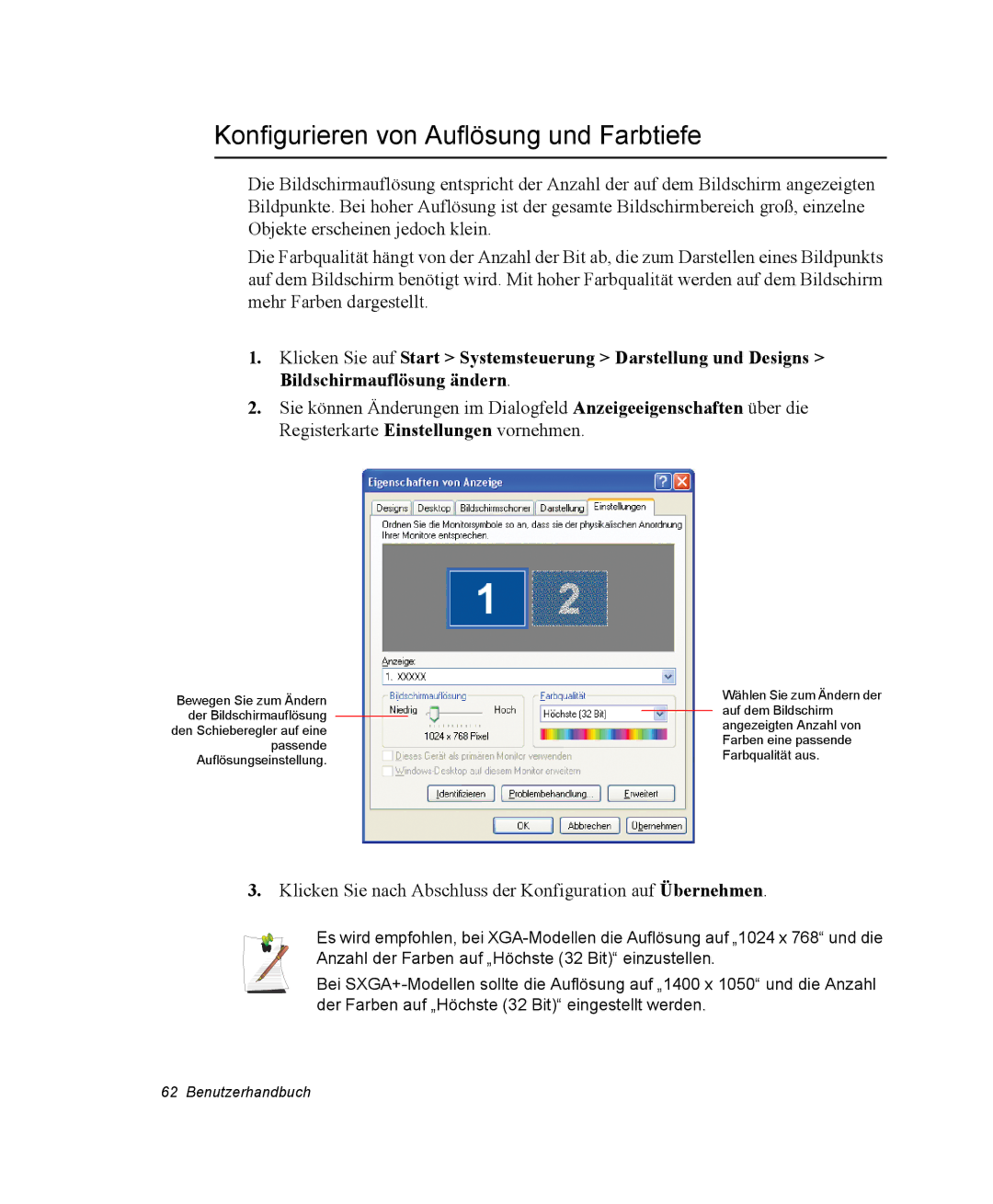 Samsung NP30RP0EAU/SIL, NP30RP54C2/SEG, NP30RH2GHQ/SHK, NP30RH1850/CHN manual Konfigurieren von Auflösung und Farbtiefe 