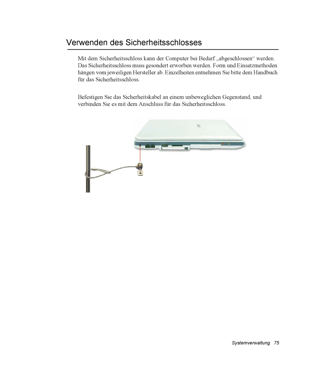 Samsung NP30RP1BDU/SEG, NP30RP54C2/SEG, NP30RH2GHQ/SHK, NP30RH1850/CHN, NP30RP0EAU/SIL Verwenden des Sicherheitsschlosses 