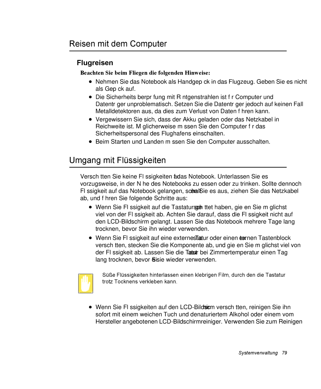Samsung NP30RH1850/CHN, NP30RP54C2/SEG, NP30RH2GHQ/SHK manual Reisen mit dem Computer, Umgang mit Flüssigkeiten, Flugreisen 