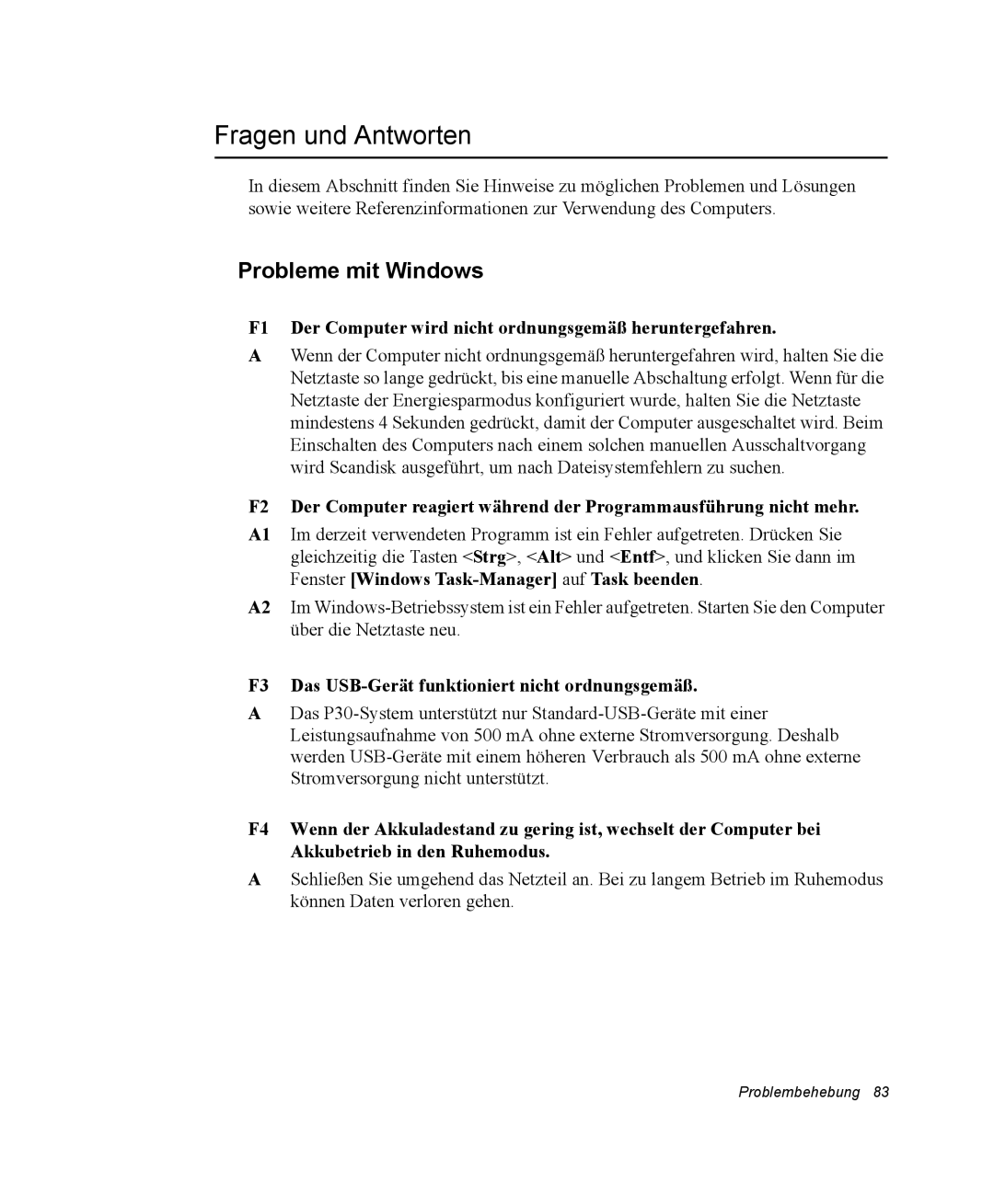 Samsung NP30RH1D54/SEG manual Fragen und Antworten, Probleme mit Windows, F3 Das USB-Gerät funktioniert nicht ordnungsgemäß 