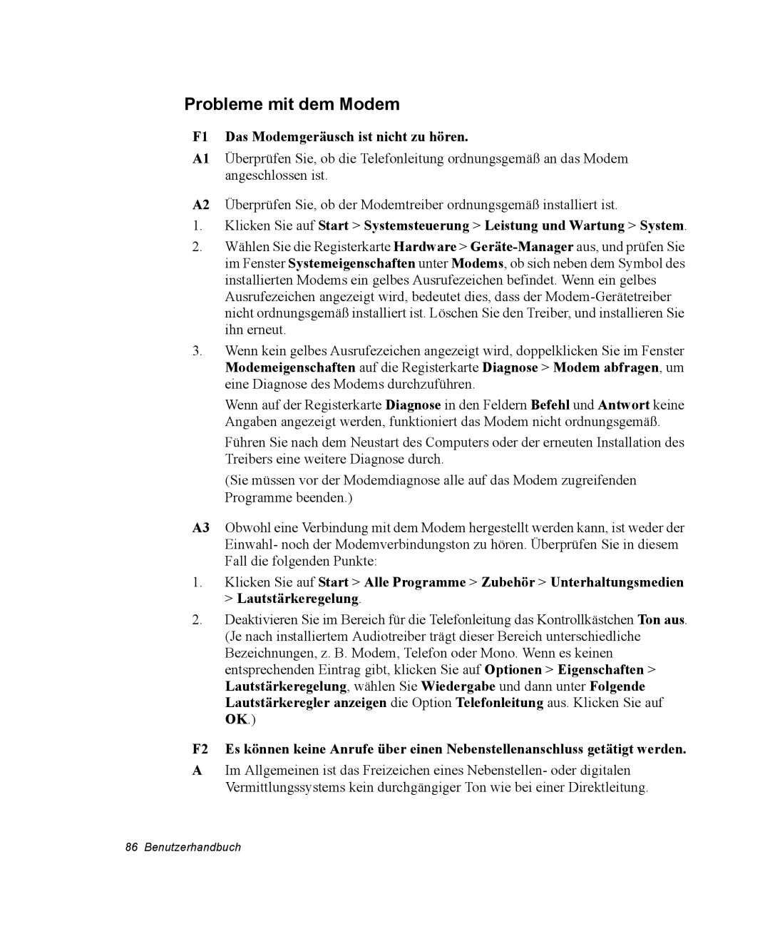 Samsung NP30RP54C2/SEG, NP30RH2GHQ/SHK, NP30RH1850/CHN manual Probleme mit dem Modem, F1 Das Modemgeräusch ist nicht zu hören 