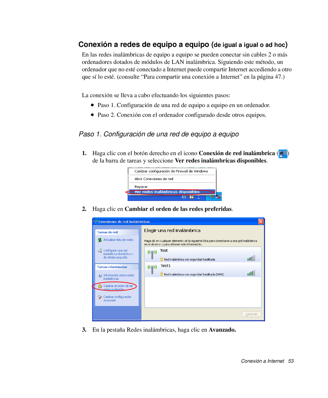 Samsung NP30RP1H5C/SES, NP30THQCKC/SES, NP30RP1K4J/SES, NP30RP46FY/SES Paso 1. Configuración de una red de equipo a equipo 