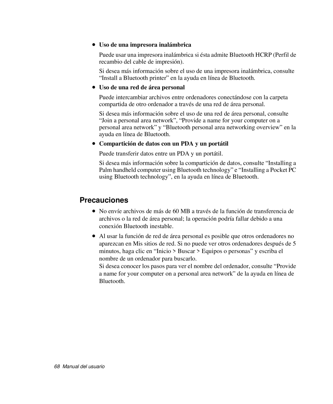 Samsung NP30RP1K4J/SES, NP30THQCKC/SES Precauciones, Uso de una impresora inalámbrica, Uso de una red de área personal 