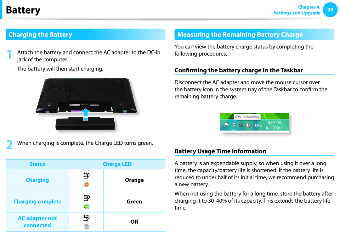 Samsung NP355E5C, NP355E7C Charging the Battery, Measuring the Remaining Battery Charge, Battery Usage Time Information 