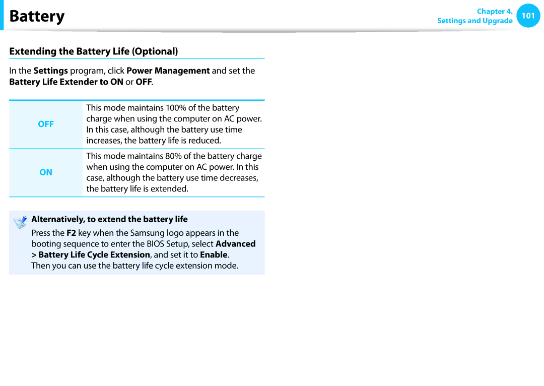 Samsung NP355E5C-A02US, NP350V5C-T02US manual Extending the Battery Life Optional, Alternatively, to extend the battery life 