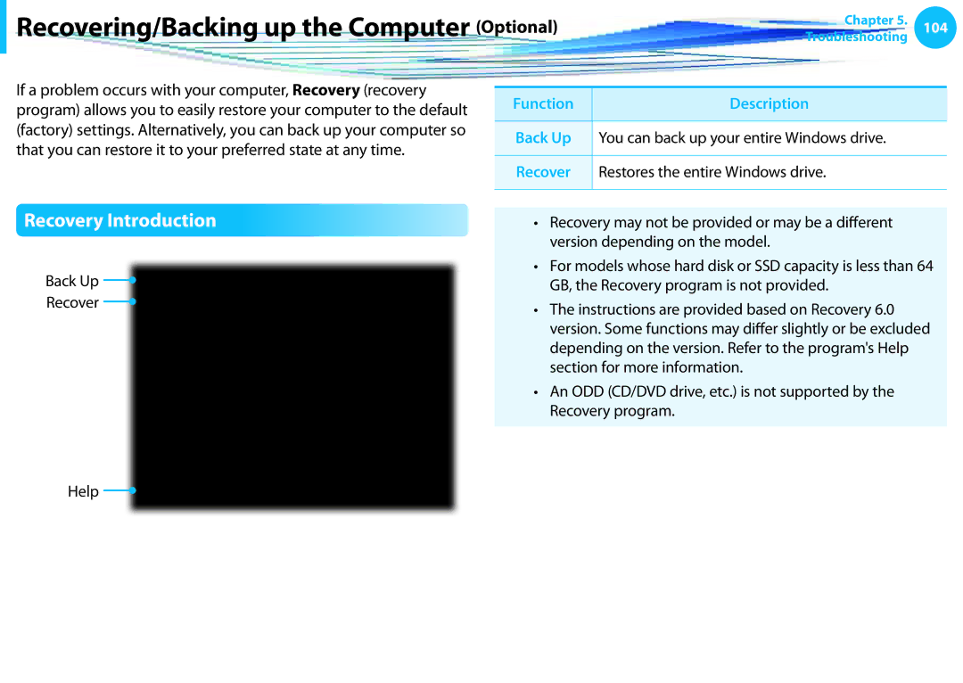 Samsung NP365E5CS02US, NP355E5C Recovering/Backing up the Computer Optional, Recovery Introduction, Function Description 