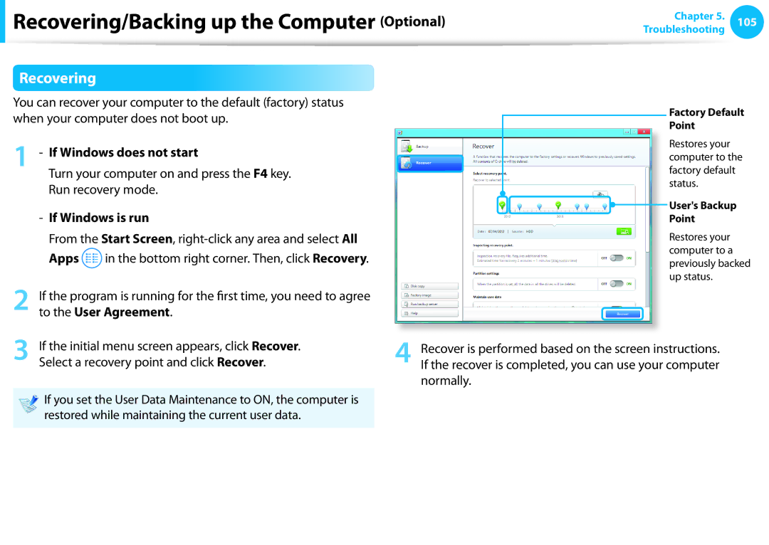 Samsung NP365E5C-S02US, NP350V5C-T02US Recovering, If Windows does not start, If Windows is run, To the User Agreement 