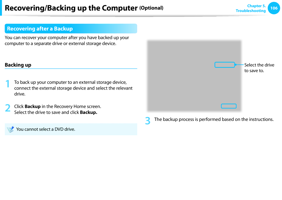 Samsung NP355E7C-A01US, NP350V5C-T02US Recovering after a Backup, Backing up, To save to, You cannot select a DVD drive 