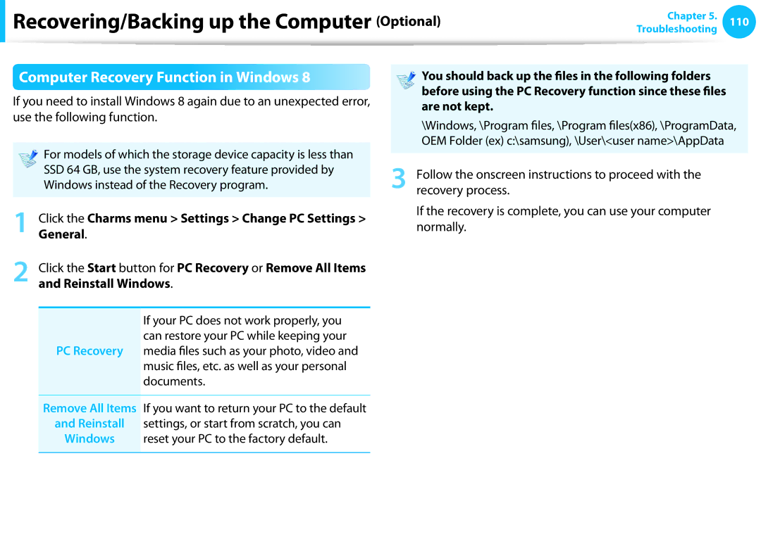 Samsung NP355E7C, NP350V5C-T02US, NP355E5C Computer Recovery Function in Windows, Are not kept, General, Reinstall Windows 