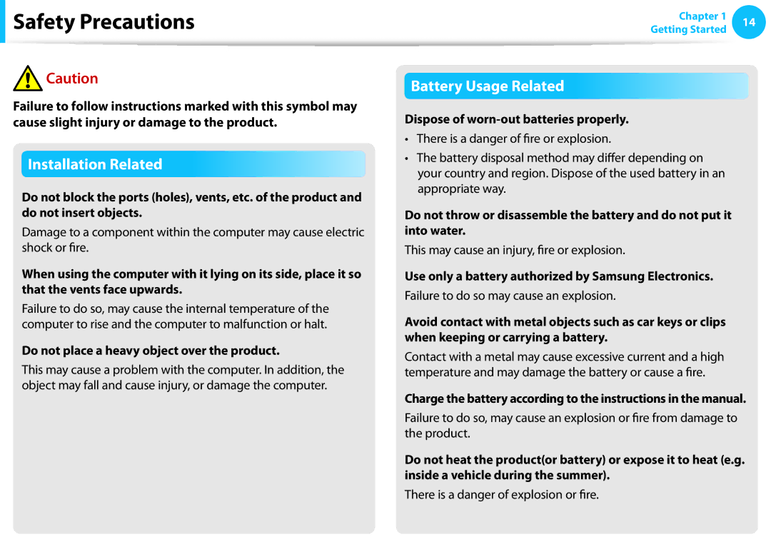 Samsung NP350V5C-T01US, NP355E5C manual Do not place a heavy object over the product, Dispose of worn-out batteries properly 