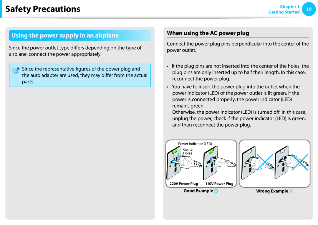 Samsung NP350V5C-A01US, NP350V5C-T02US, NP350V5C-T01US Using the power supply in an airplane, When using the AC power plug 