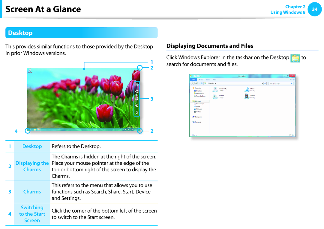 Samsung NP365E5CS02US, NP350V5C-T02US, NP355E5C manual Desktop, Displaying Documents and Files, To switch to the Start screen 