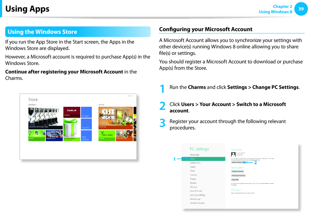 Samsung NP355E5CA02US, NP350V5C-T02US, NP350V5C-T01US Using the Windows Store, Configuring your Microsoft Account, Charms 