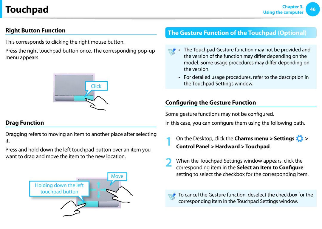 Samsung NP350V5CA03US, NP350V5C-T02US, NP355E5C manual Right Button Function, Drag Function, Configuring the Gesture Function 