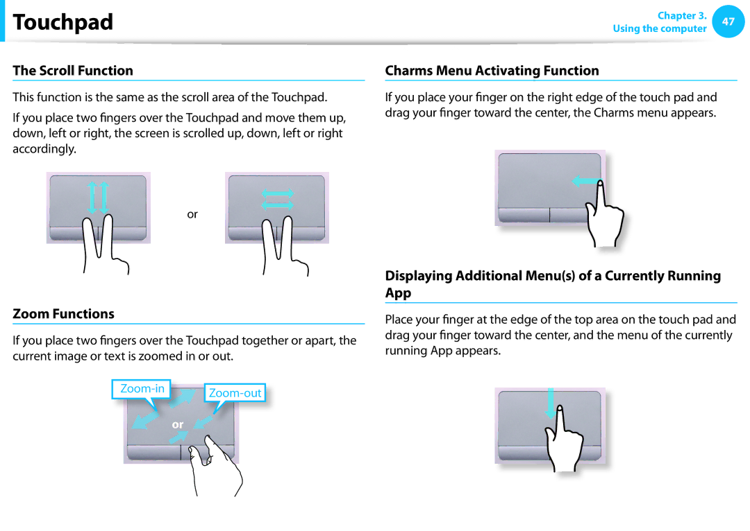 Samsung NP350V5C-A01US, NP350V5C-T02US, NP350V5C-T01US Scroll Function, Zoom Functions, Charms Menu Activating Function 