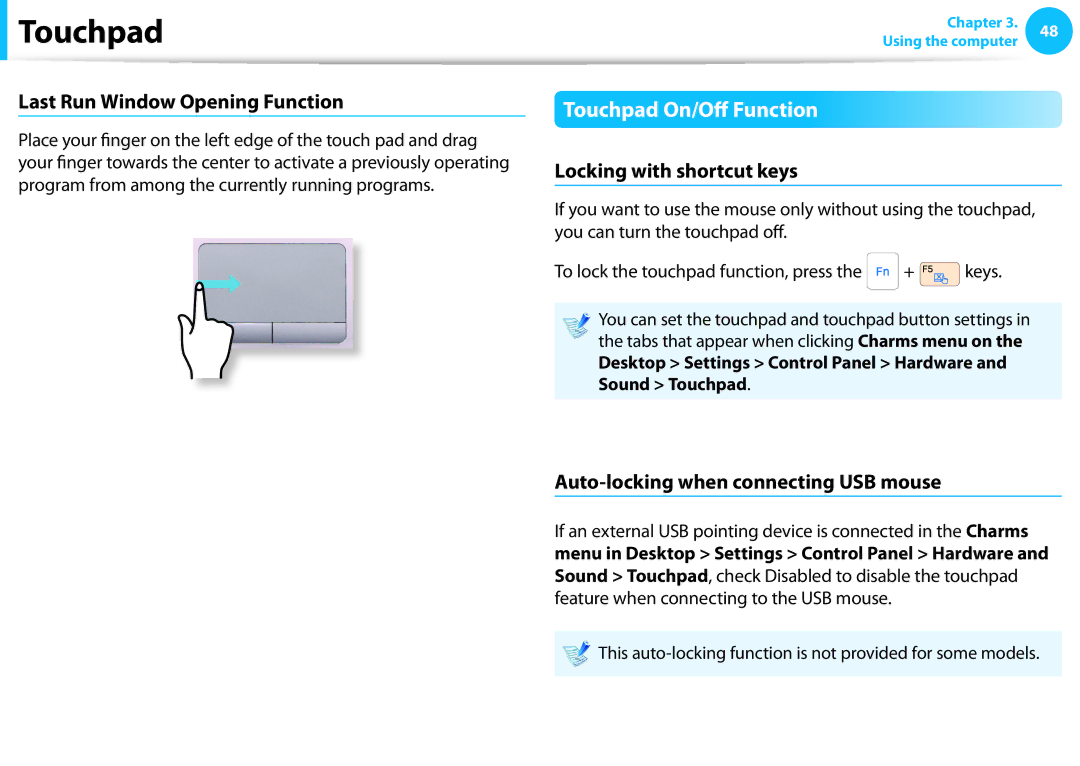 Samsung NP365E5CS02US, NP355E5C Touchpad On/Off Function, Last Run Window Opening Function, Locking with shortcut keys 