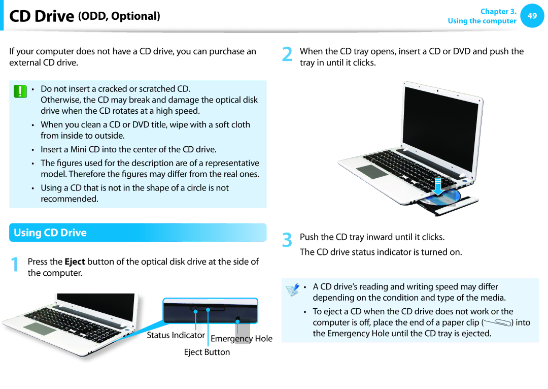 Samsung NP365E5C-S02US, NP350V5C-T02US Using CD Drive, Computer is off, place the end of a paper clip, Hole Eject Button 