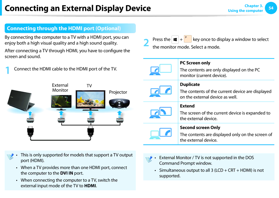 Samsung NP355E7C Connecting through the Hdmi port Optional, Enjoy both a high visual quality and a high sound quality 