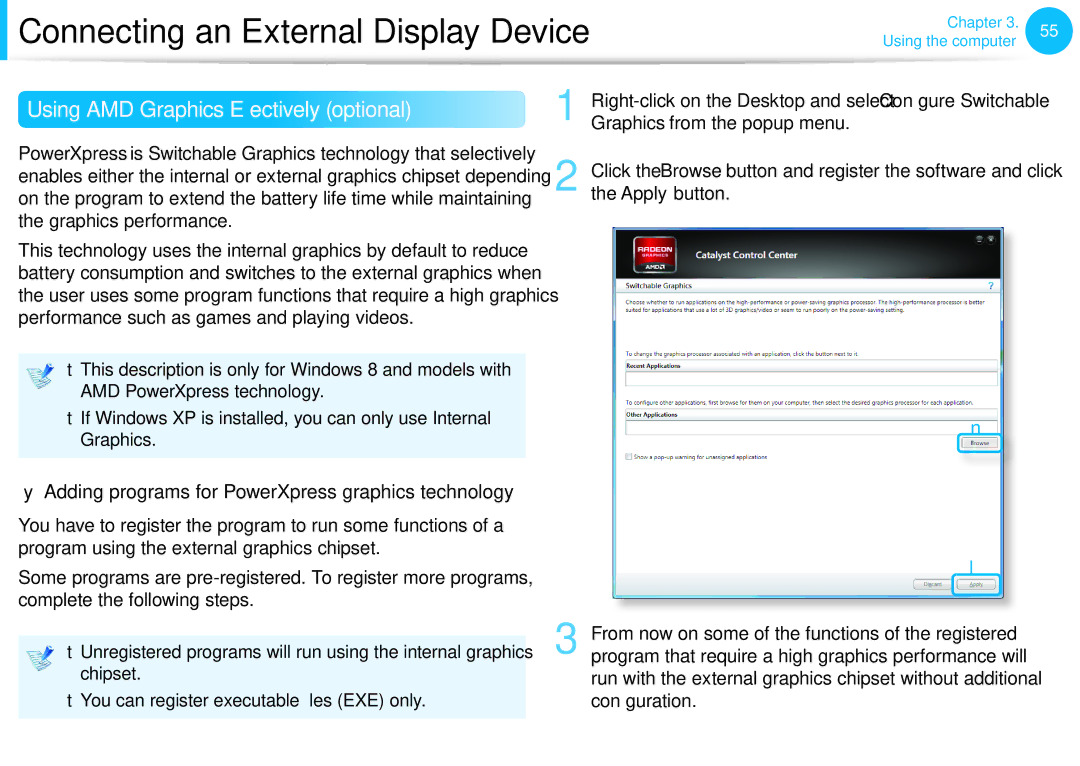 Samsung NP350V5C-T02US manual Using AMD Graphics Effectively optional, Adding programs for PowerXpress graphics technology 