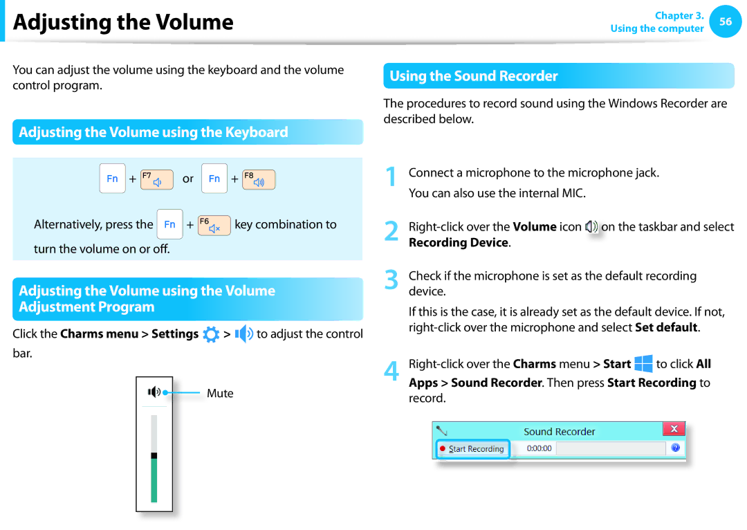 Samsung NP350V5C-T01US, NP350V5C-T02US, NP355E5C manual Adjusting the Volume using the Keyboard, Using the Sound Recorder 