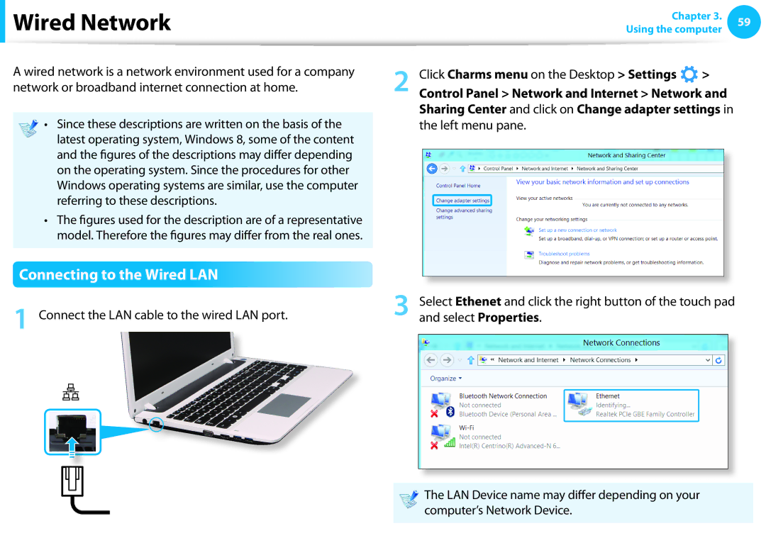 Samsung NP355E5C-A02US, NP355E7C Wired Network, Connecting to the Wired LAN, Connect the LAN cable to the wired LAN port 