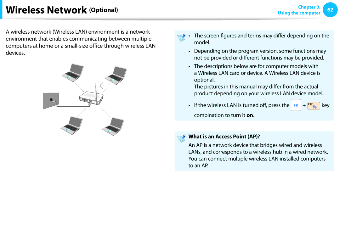 Samsung NP365E5CS02US, NP355E5C manual Wireless Network Optional, Screen figures and terms may differ depending on the model 