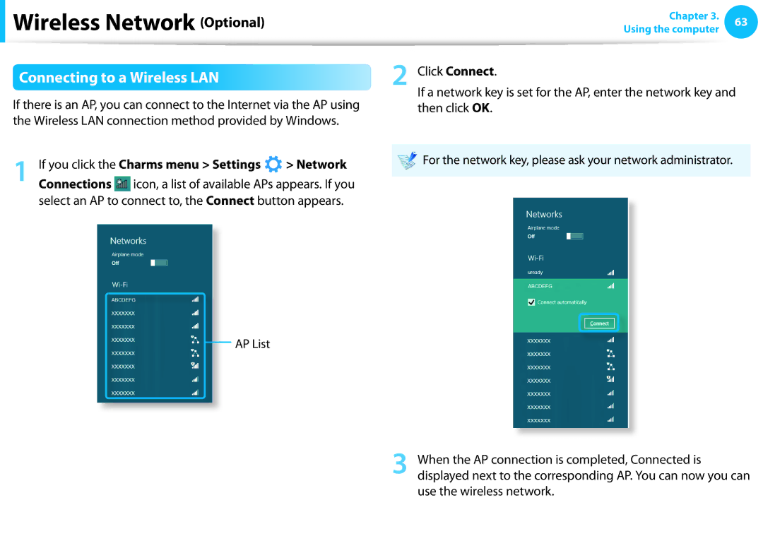 Samsung NP365E5C-S02US, NP350V5C-T02US manual Connecting to a Wireless LAN, If you click the Charms menu Settings Network 