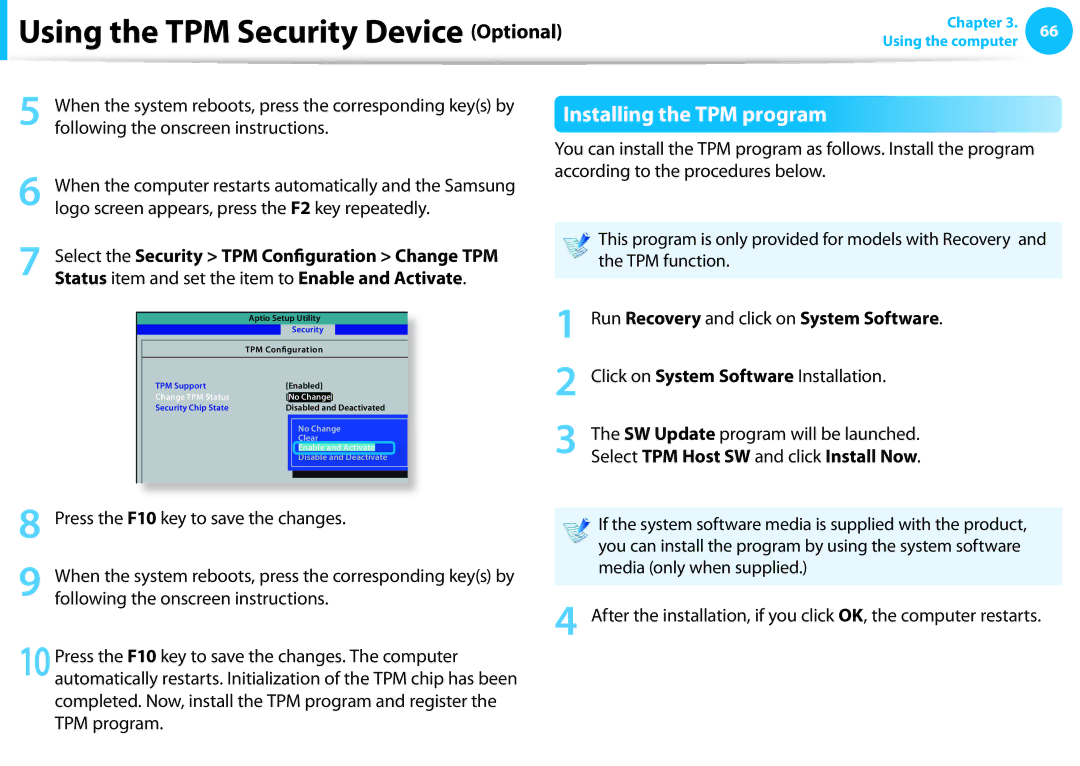 Samsung NP355E5CA04US, NP350V5C-T02US, NP350V5C-T01US Using the TPM Security Device Optional, Installing the TPM program 