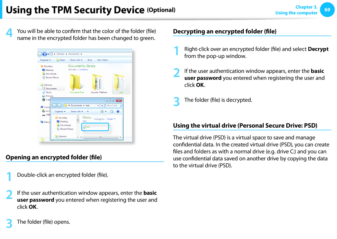 Samsung NP350V5C-T02US, NP350V5C-T01US, NP355E5C manual Decrypting an encrypted folder file, Opening an encrypted folder file 