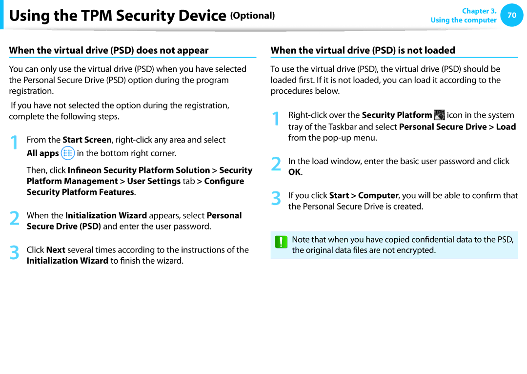 Samsung NP350V5C-T01US, NP355E5C Bottom right corner, Secure Drive PSD and enter the user password, From the pop-up menu 