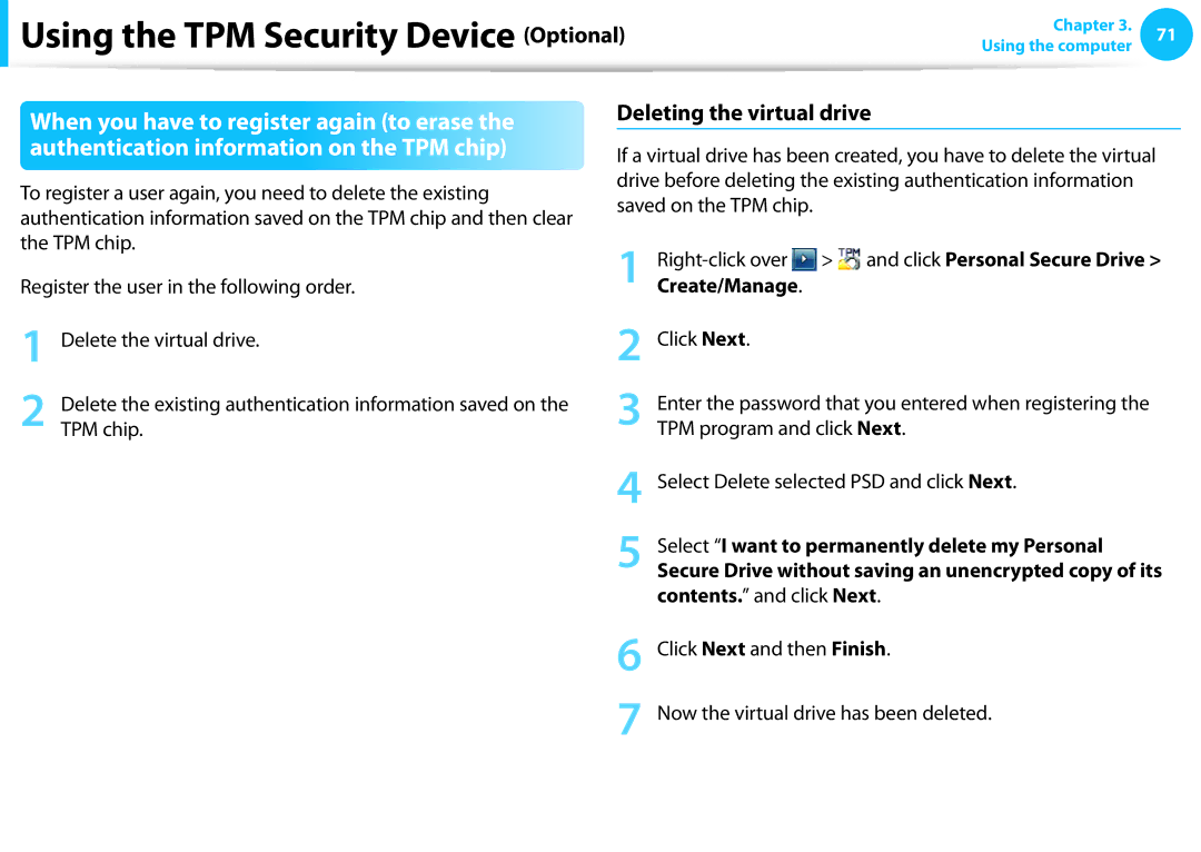 Samsung NP355E5C manual Deleting the virtual drive, Click Personal Secure Drive, Create/Manage, Contents. and click Next 