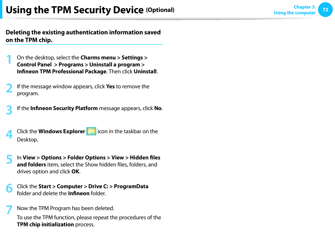 Samsung NP350V4CA06JM, NP355E5C Control Panel Programs Uninstall a program, Click the Start Computer Drive C ProgramData 