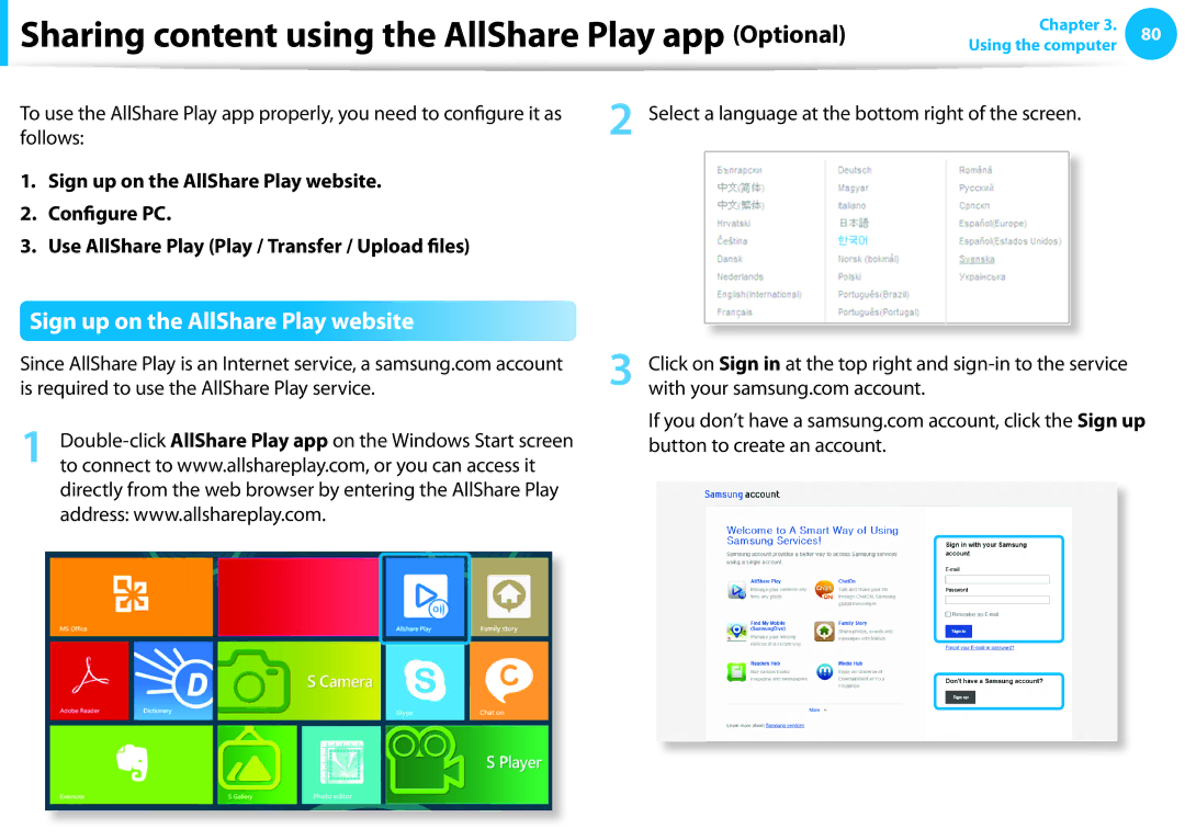 Samsung NP355E5CA04US manual Sign up on the AllShare Play website, Follows, Is required to use the AllShare Play service 