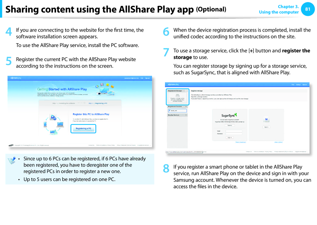 Samsung NP355E5CA02US, NP350V5C-T02US, NP350V5C-T01US, NP350V4CA06JM Sharing content using the AllShare Play app Optional 