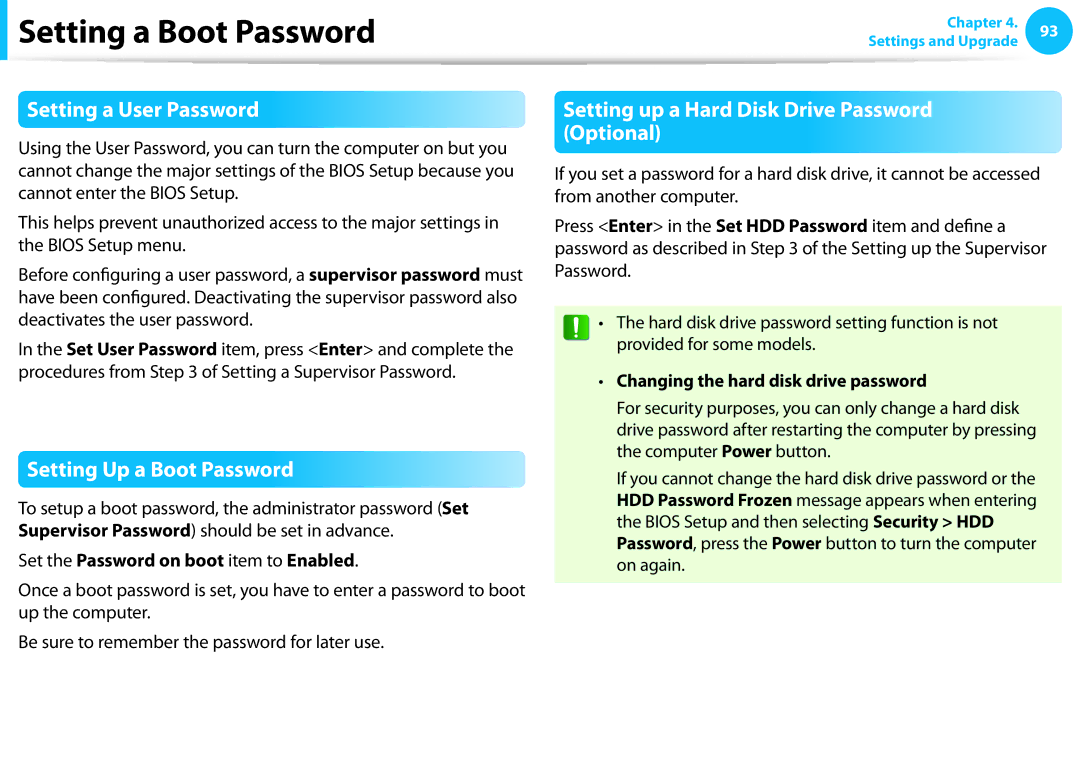 Samsung NP355E5C-A03US Setting a User Password, Setting Up a Boot Password, Setting up a Hard Disk Drive Password Optional 