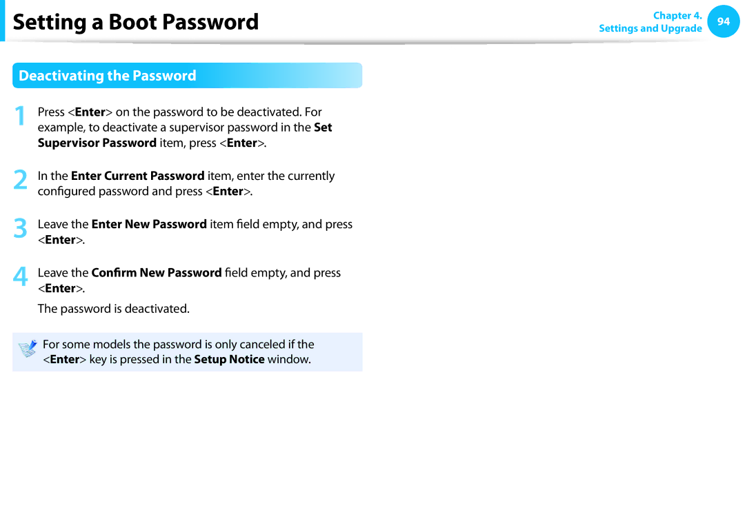 Samsung NP355E5CA04US, NP350V5C-T02US, NP350V5C-T01US manual Deactivating the Password, Supervisor Password item, press Enter 