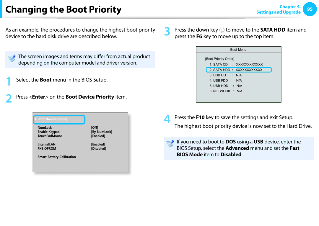 Samsung NP355E5CA02US, NP350V5C-T02US manual Changing the Boot Priority, Depending on the computer model and driver version 