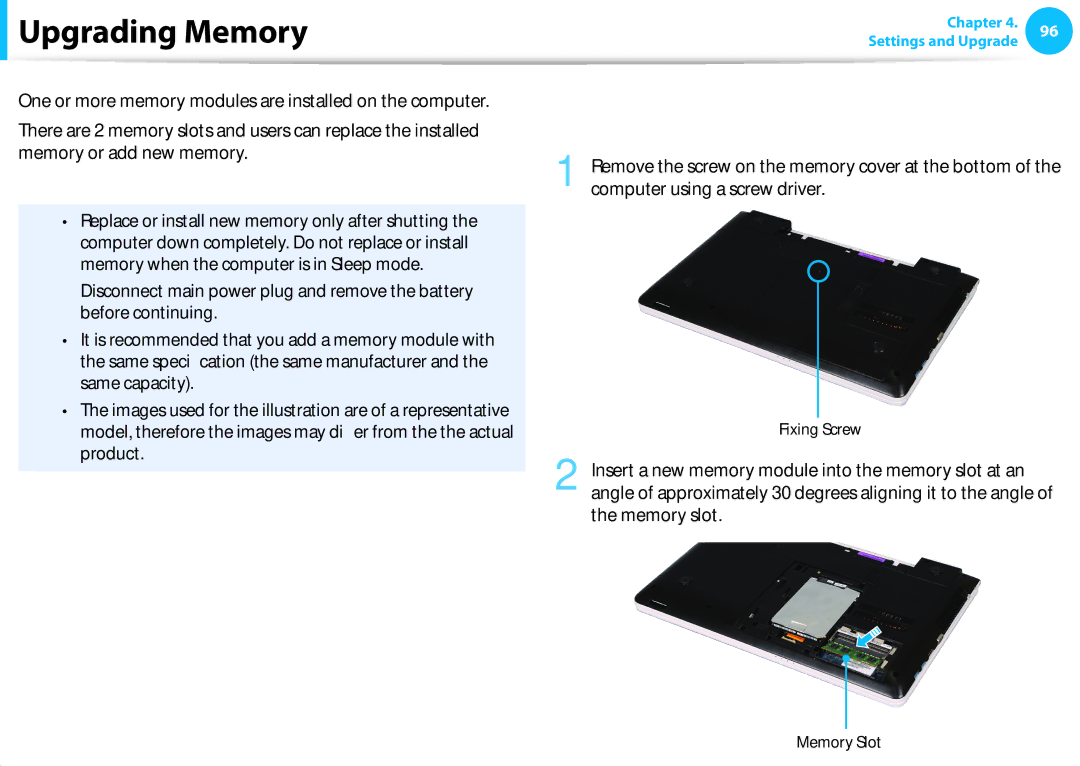 Samsung NP355E7C, NP350V5C-T02US, NP350V5C-T01US, NP355E5C manual Upgrading Memory, Adding or Replacing Memory Modules 